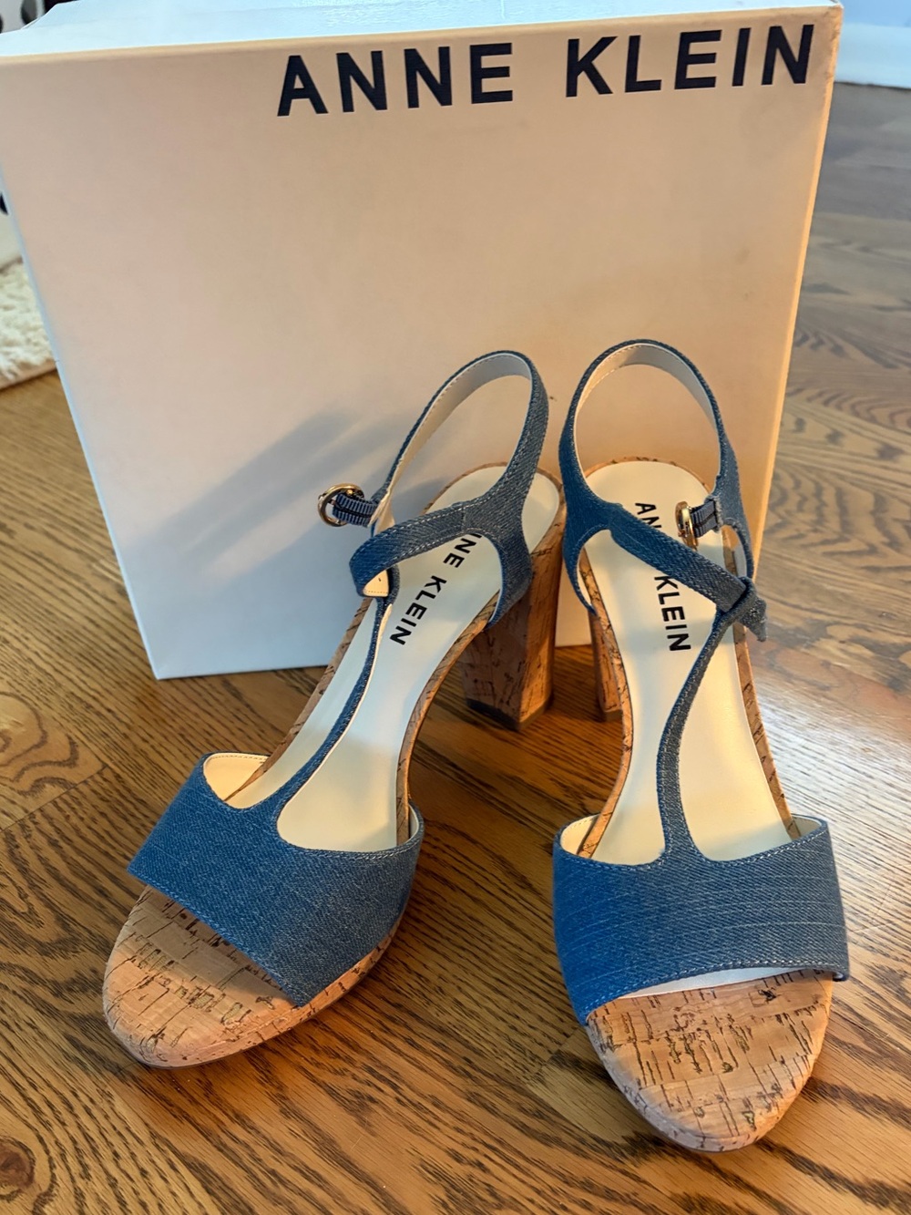 Anne Klein Blue Denim Cork Block Heel Sandals